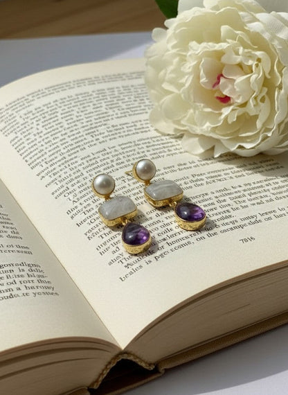 Amethyst & Moonstone Pearl Gold Drop Dangler Earrings for Women - Party & Special Occasions 