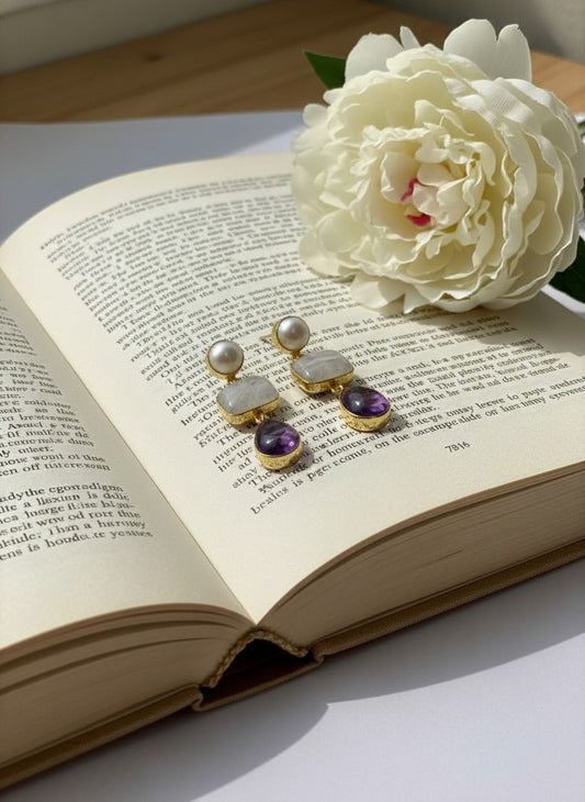 Amethyst & Moonstone Pearl Gold Drop Dangler Earrings for Women - Party & Special Occasions 