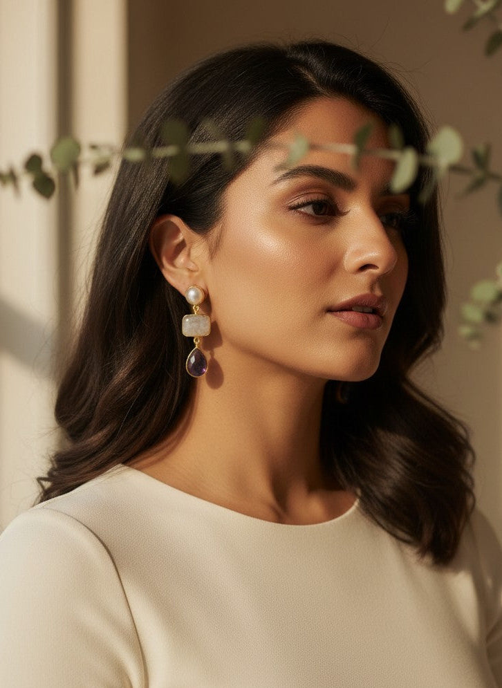 Amethyst & Moonstone Pearl Gold Drop Dangler Earrings for Women - Party & Special Occasions 