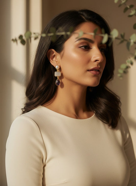 Amethyst & Moonstone Pearl Gold Drop Dangler Earrings for Women - Party & Special Occasions 
