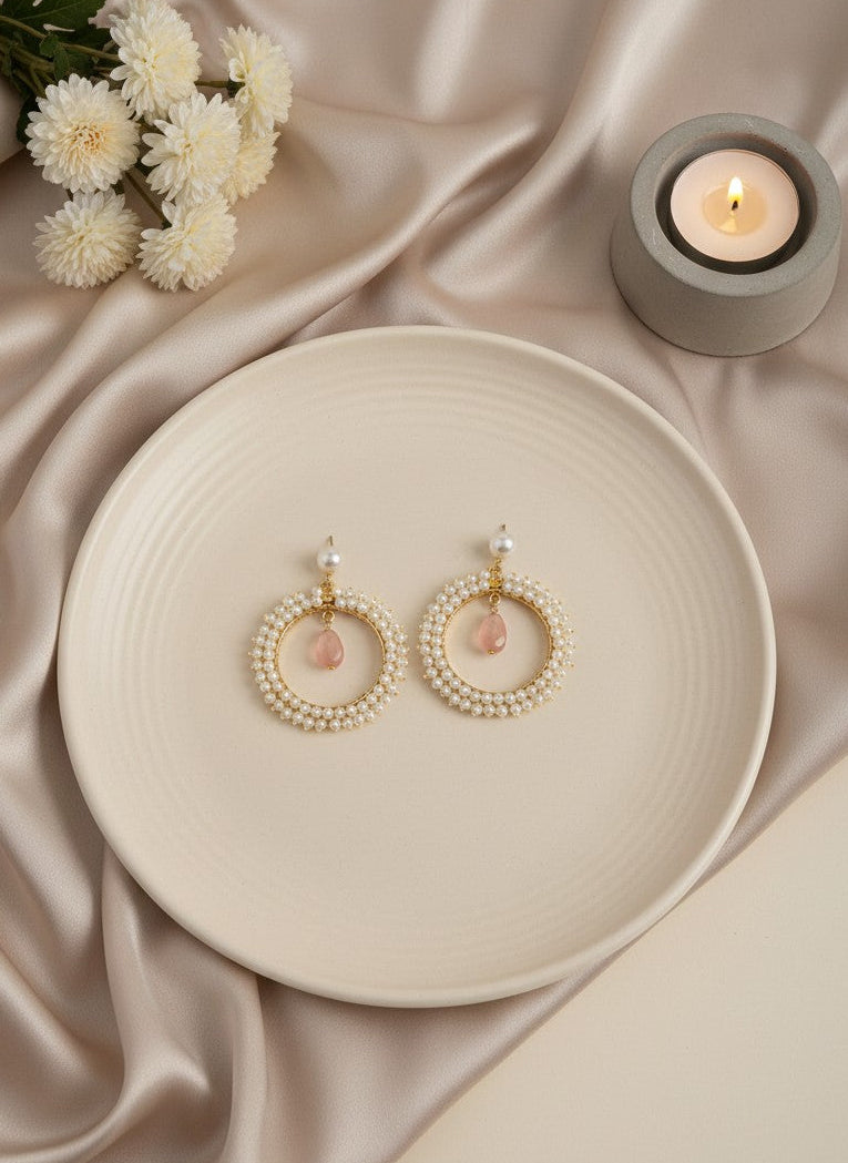 Antique Gold plated Pearls Circular Earrings with Monalisa Stone Drop for Women - Special Occasions