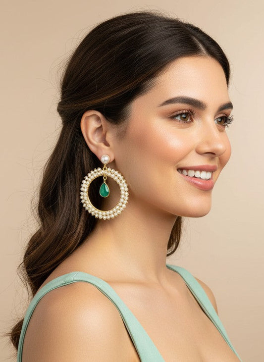Antique Gold plated Pearls Circular Earrings with Monalisa Stone Drop for Women - Special Occasions