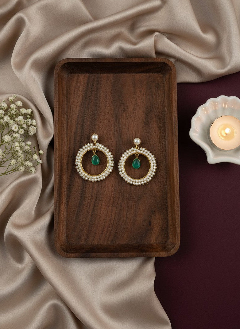 Antique Gold plated Pearls Circular Earrings with Monalisa Stone Drop for Women - Special Occasions