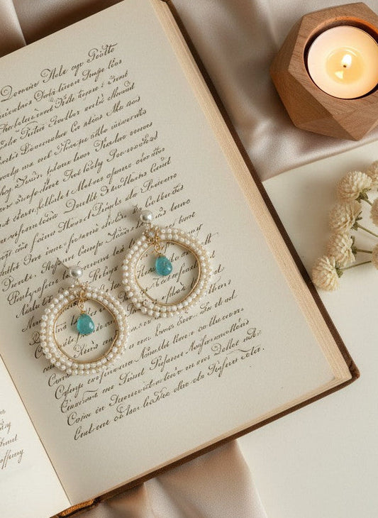 Antique Gold plated Pearls Circular Earrings with Monalisa Stone Drop for Women - Special Occasions