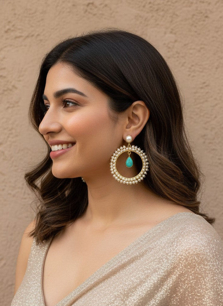 Antique Gold plated Pearls Circular Earrings with Monalisa Stone Drop for Women - Special Occasions