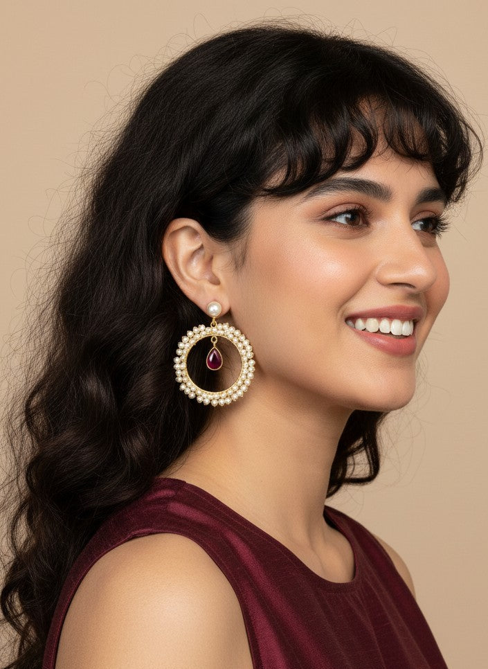 Antique Gold plated Pearls Circular Earrings with Monalisa Stone Drop for Women - Special Occasions