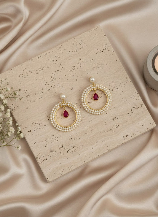 Antique Gold plated Pearls Circular Earrings with Monalisa Stone Drop for Women - Special Occasions