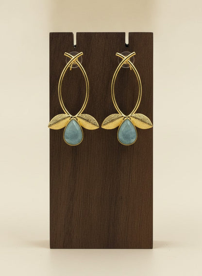 Aqua Teardrop Monalisa Stone Gold Plated Leaf Earrings for Women – Minimal Contemporary Earrings