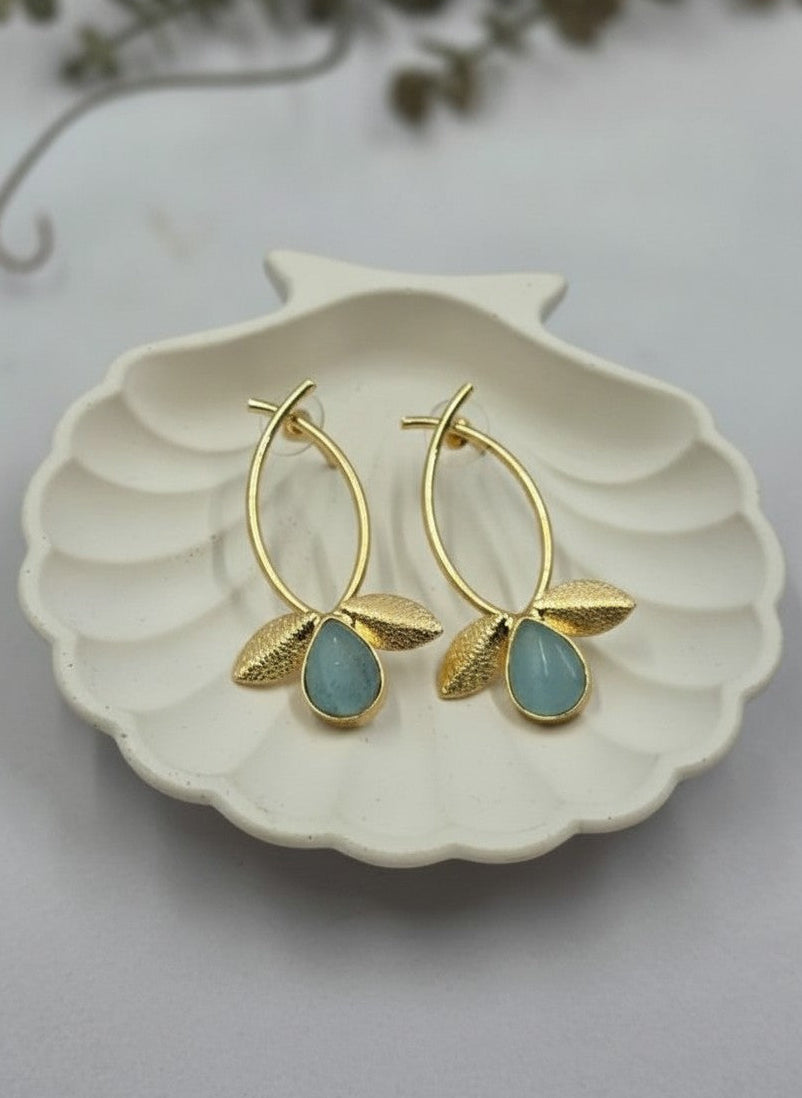 Aqua Teardrop Monalisa Stone Gold Plated Leaf Earrings for Women – Minimal Contemporary Earrings