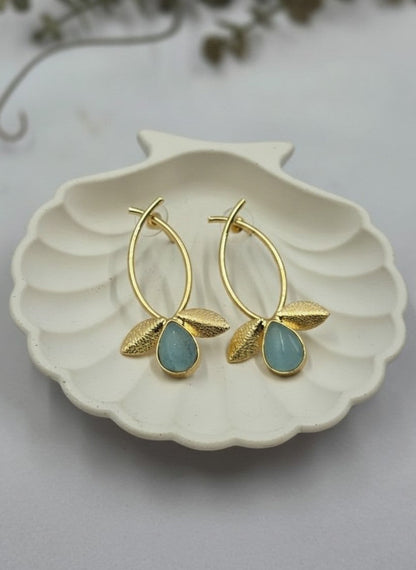 Aqua Teardrop Monalisa Stone Gold Plated Leaf Earrings for Women – Minimal Contemporary Earrings