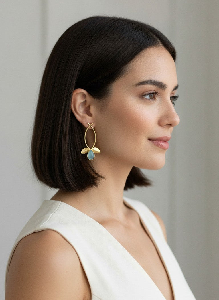 Aqua Teardrop Monalisa Stone Gold Plated Leaf Earrings for Women – Minimal Contemporary Earrings
