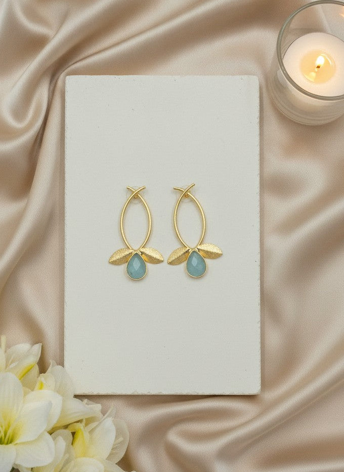 Aqua Teardrop Monalisa Stone Gold Plated Leaf Earrings for Women – Minimal Contemporary Earrings