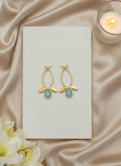 Aqua Teardrop Monalisa Stone Gold Plated Leaf Earrings for Women – Minimal Contemporary Earrings