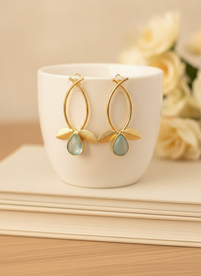 Aqua Teardrop Monalisa Stone Gold Plated Leaf Earrings for Women – Minimal Contemporary Earrings