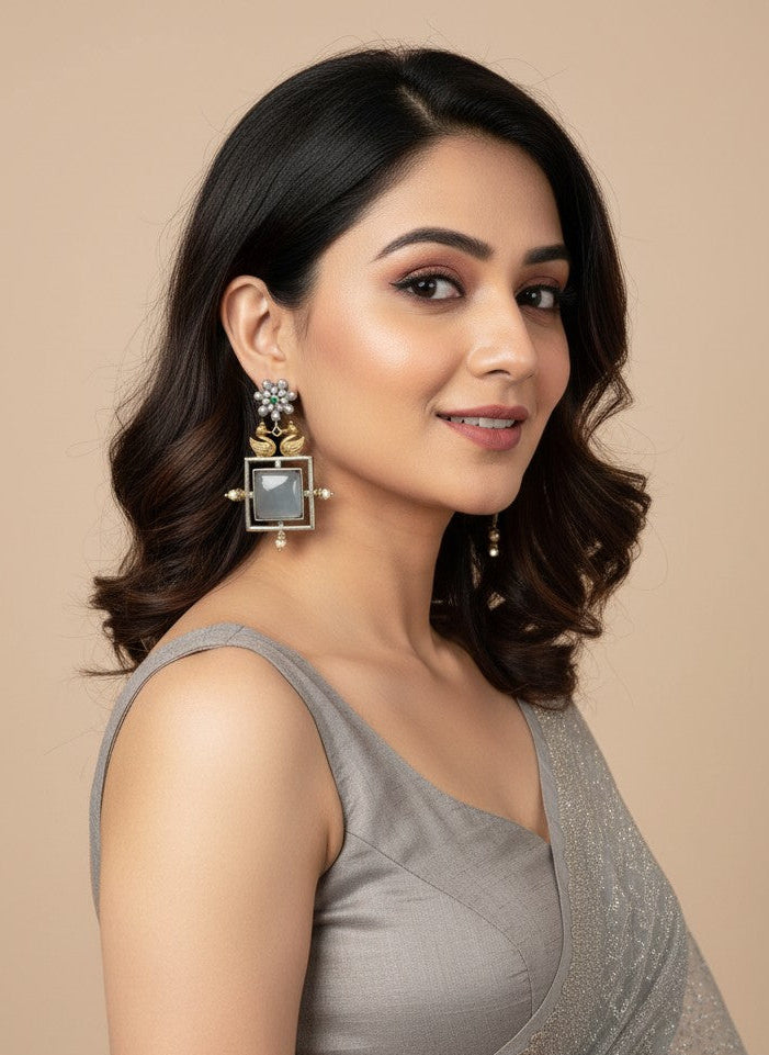 Bird design Two-Tone Silver Oxidized Monalisa Stone Dangler Earrings for Women - Special Occasions
