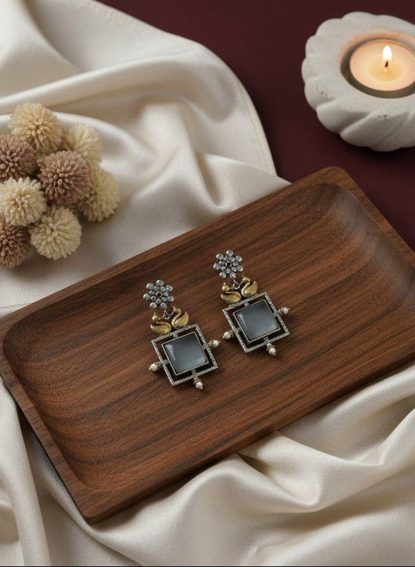 Bird design Two-Tone Silver Oxidized Monalisa Stone Dangler Earrings for Women - Special Occasions