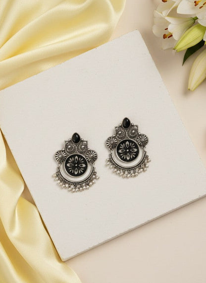 Black Enamel Hand-Painted Oxidized Silver Dangler Earrings for Women - Ethnic Festive Wear