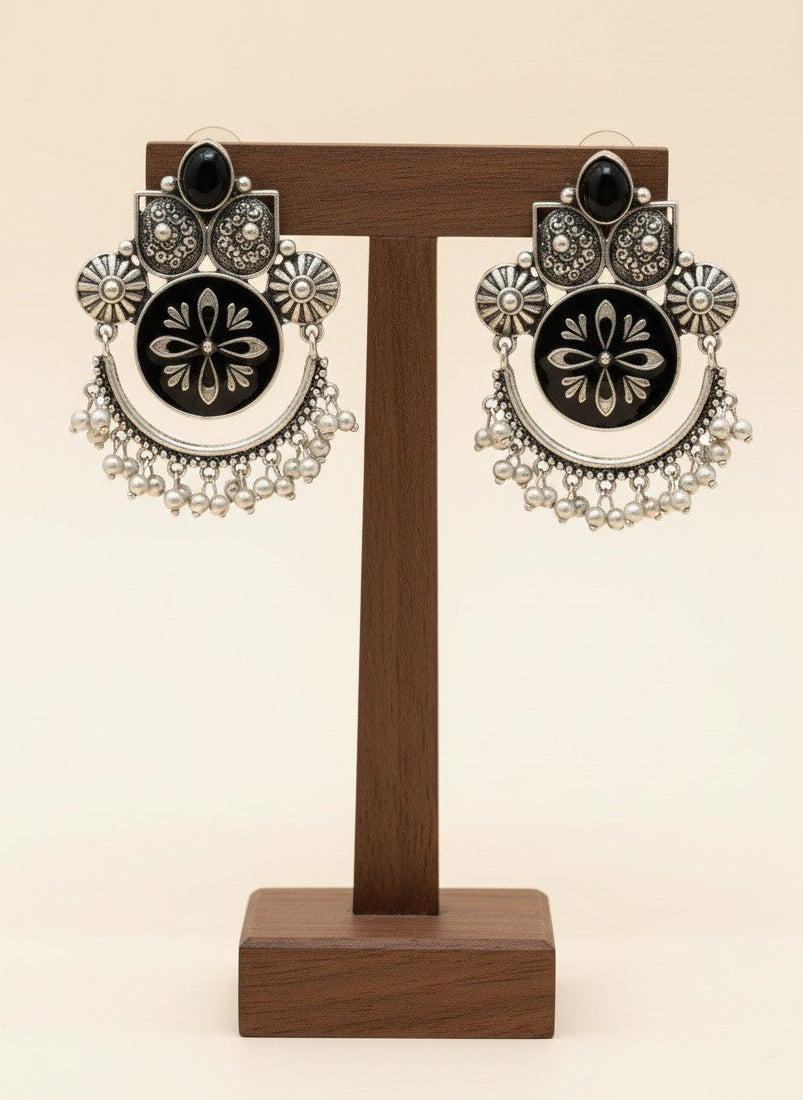 Black Enamel Hand-Painted Oxidized Silver Dangler Earrings for Women - Ethnic Festive Wear