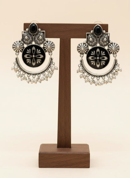 Black Enamel Hand-Painted Oxidized Silver Dangler Earrings for Women - Ethnic Festive Wear