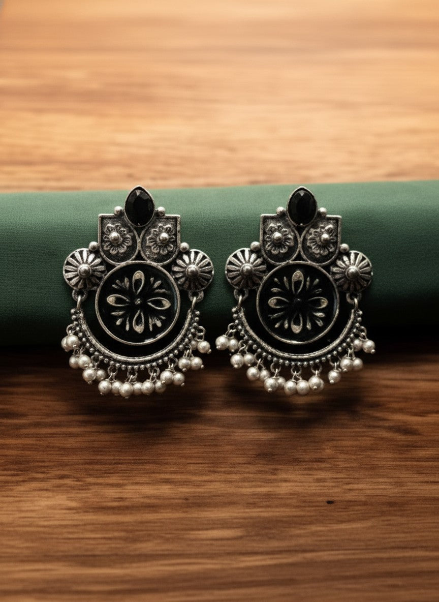 Black Enamel Hand-Painted Oxidized Silver Dangler Earrings for Women - Ethnic Festive Wear