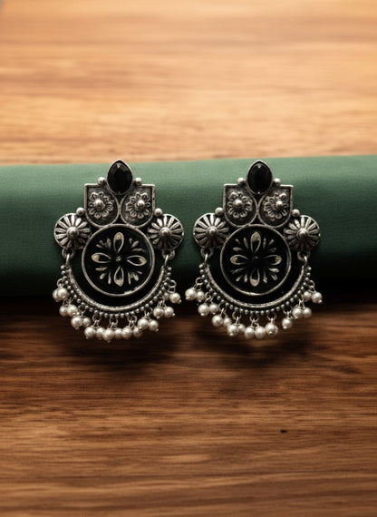 Black Enamel Hand-Painted Oxidized Silver Dangler Earrings for Women - Ethnic Festive Wear