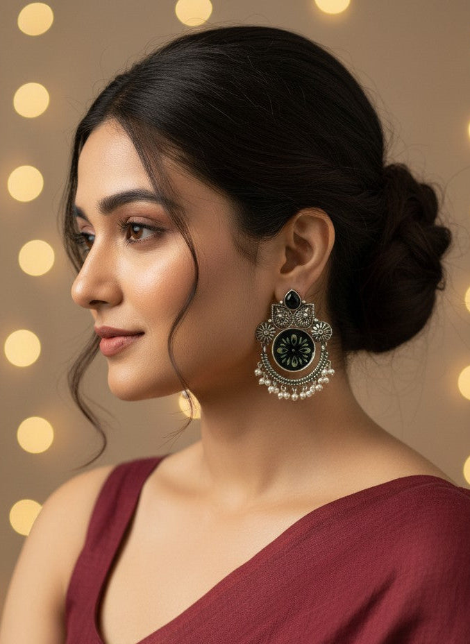 Black Enamel Hand-Painted Oxidized Silver Dangler Earrings for Women - Ethnic Festive Wear