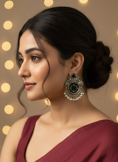 Black Enamel Hand-Painted Oxidized Silver Dangler Earrings for Women - Ethnic Festive Wear