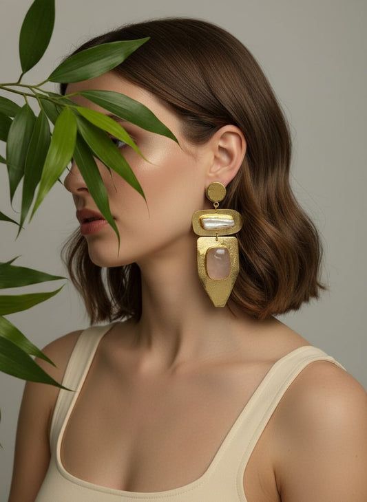 Blush Rose Quartz & Baroque Pearl Geometric Gold Drop Earrings for Women - Party Wear