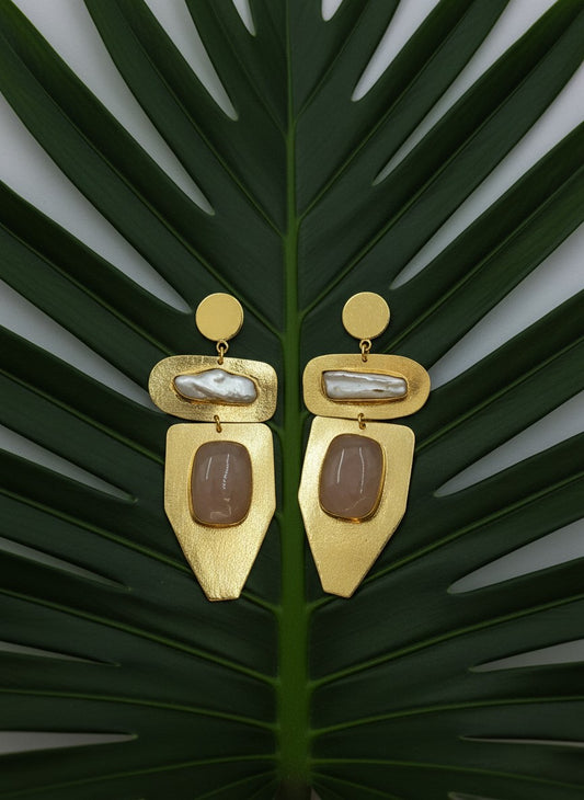 Blush Rose Quartz & Baroque Pearl Geometric Gold Drop Earrings for Women - Party Wear