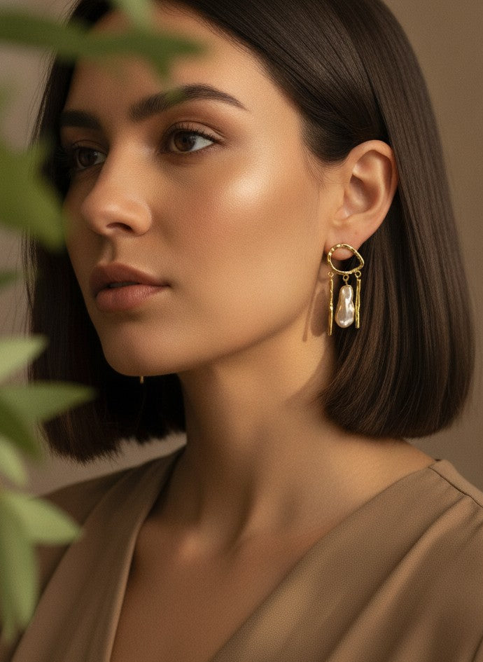 Celeste Contemporary Gold Plated Baroque Pearl Drop Statement Earrings for Women – Formal Statement Piece