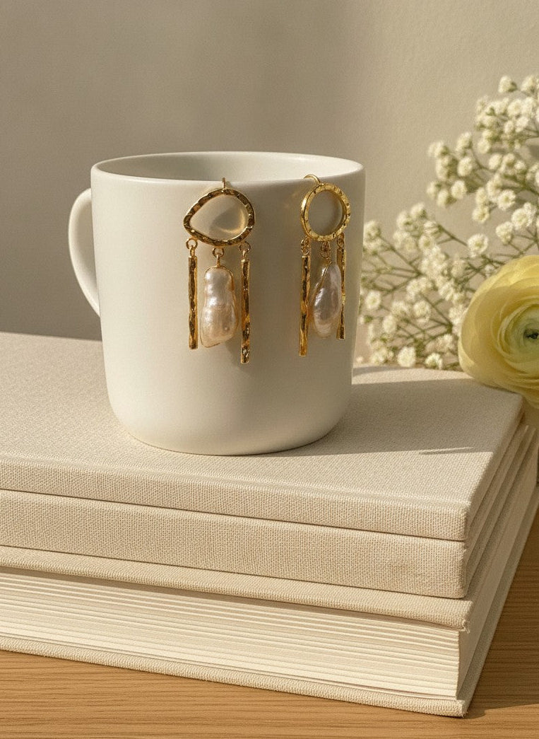 Celeste Contemporary Gold Plated Baroque Pearl Drop Statement Earrings for Women – Formal Statement Piece