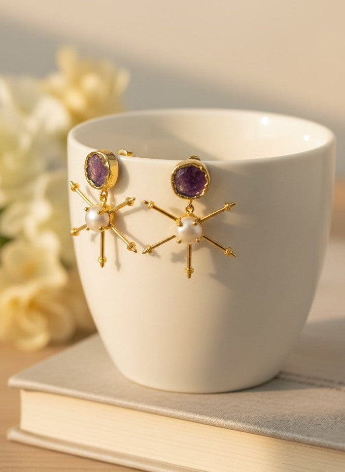 Celestial Starburst Pearl & Amethyst 18K Gold Plated Stud Earrings for Women- All occasion wear