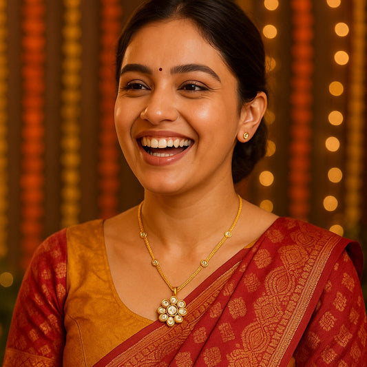 Traditional Gold Kundan Necklace Set with Flower Pendant