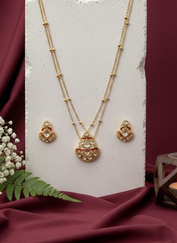Classic Polki Kundan Gold Plated Long Necklace Set with Earrings for Women - Festive Minimal Wear