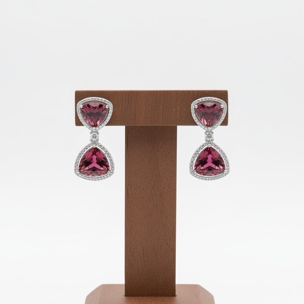 Sparkling Trendy Silver Plated Austrian and Crystal Stone Dangler Earrings - Dark Pink