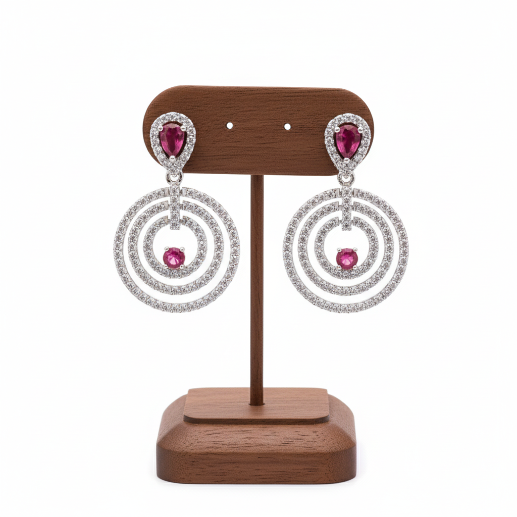 Trendy Silver Plated American Diamond Circular Motif Design Dangler Drop Earrings