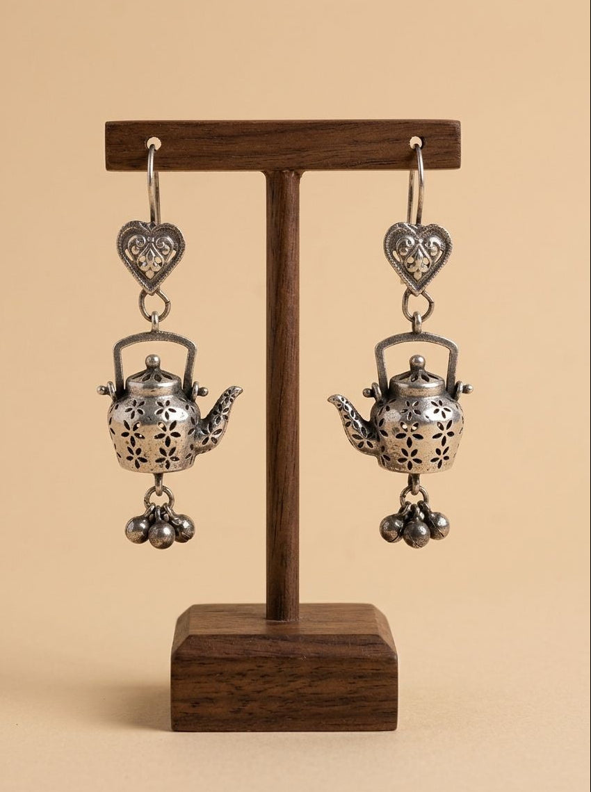 Coffee Love Pot Oxidized Silver Hook Earrings for Women - Quirky Ethnic Wear