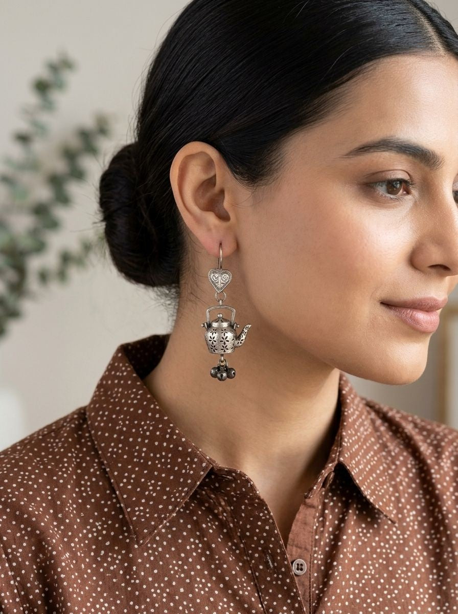 Coffee Love Pot Oxidized Silver Hook Earrings for Women - Quirky Ethnic Wear