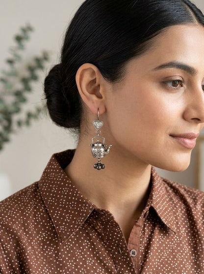 Coffee Love Pot Oxidized Silver Hook Earrings for Women - Quirky Ethnic Wear