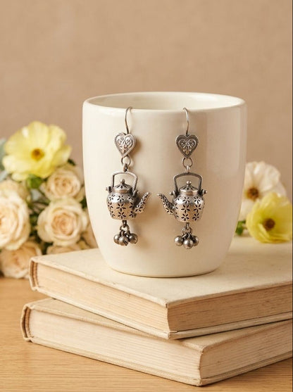 Coffee Love Pot Oxidized Silver Hook Earrings for Women - Quirky Ethnic Wear