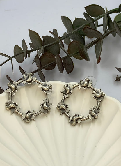 Ethnic Silver Oxidized Bird Stud Earrings