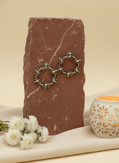 Ethnic Silver Oxidized Bird Stud Earrings