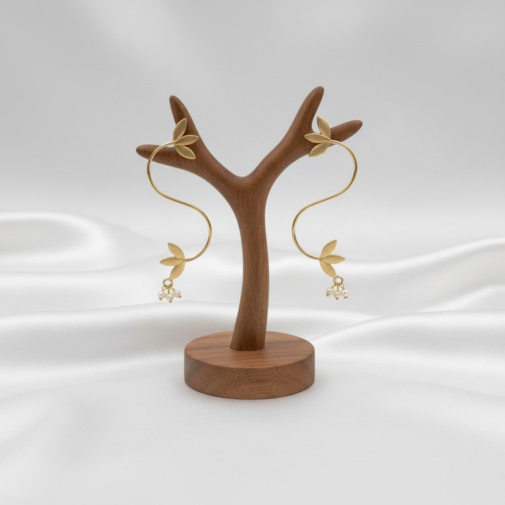 Handmade Gold Plated Leaf Style Earring with Pearl detailing for Women