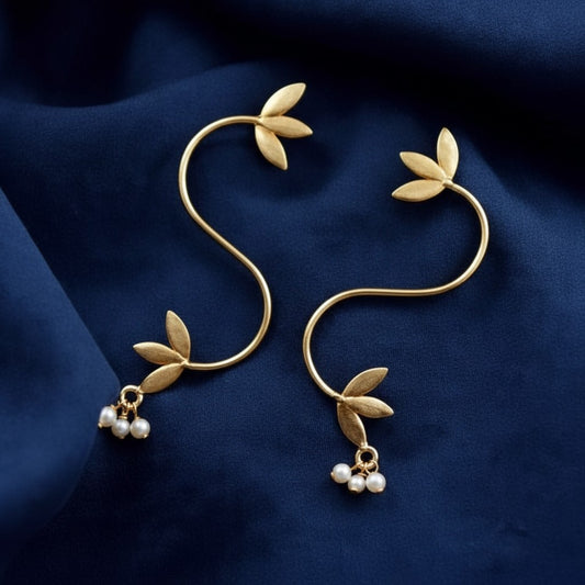 Handmade Gold Plated Leaf Style Earring with Pearl detailing for Women