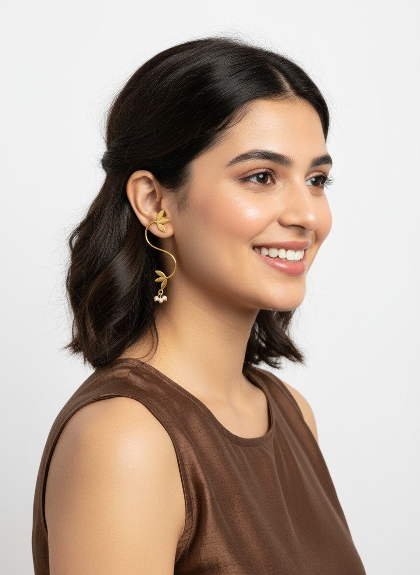 Handmade Gold Plated Leaf Style Earring with Pearl detailing for Women
