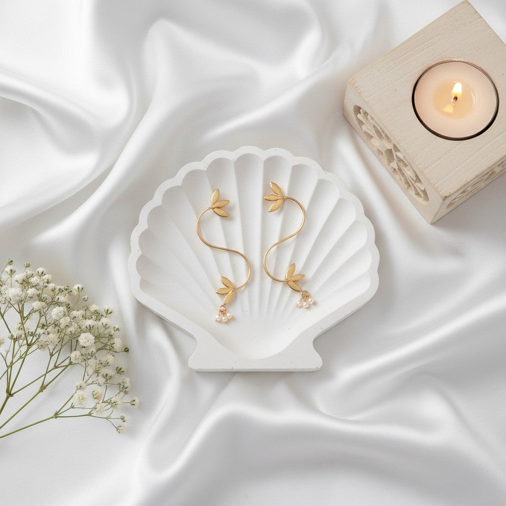 Handmade Gold Plated Leaf Style Earring with Pearl detailing for Women