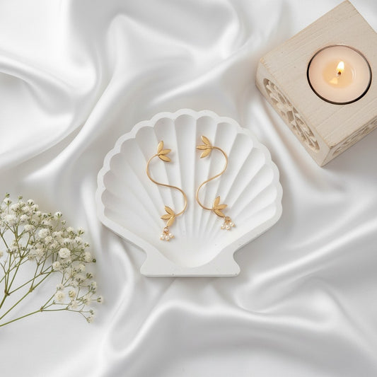 Handmade Gold Plated Leaf Style Earring with Pearl detailing for Women