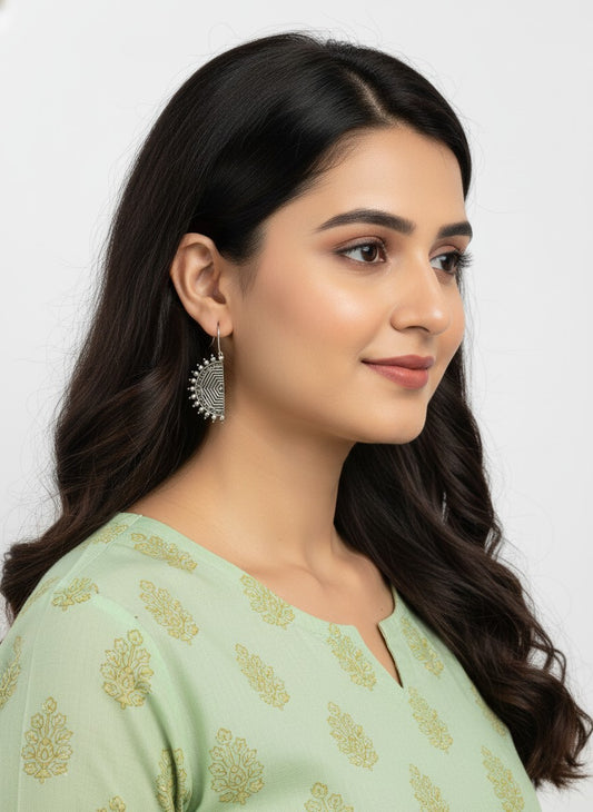 Silver Oxidized D shaped Hook Earrings for Women