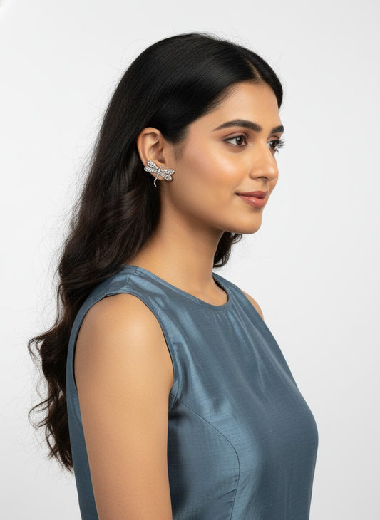 Boho Style Silver Oxidized Dragonfly Stud Earrings for Women