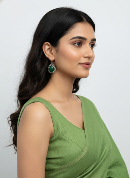 Silver Oxidized Monalisa Stone Hook Earrings for Women